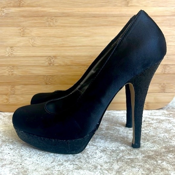 Steve Madden Black 5" High Heels Platform Pumps Satin Black Glitter Sexy Formal - Picture 3 of 16
